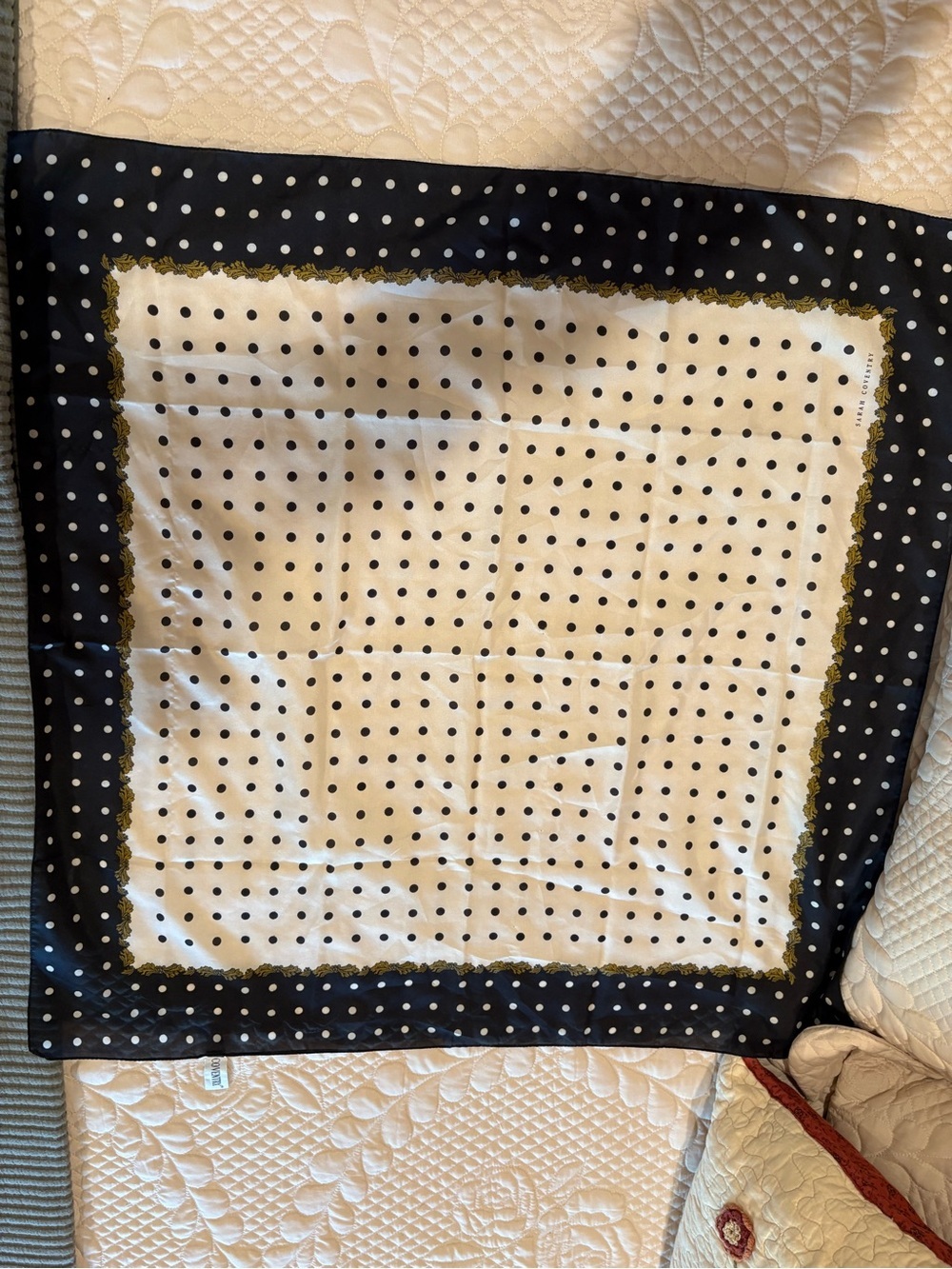 Sarah Coventry Black and Cream Polka Dot Scarf with Gold Leaf Border Vintage